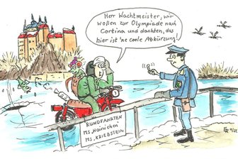 Satire zum Wochenende: Von Kriebstein nach Mailand - so olympisch fühlt sich Mittelsachsen - Für Schlagzeilen sorgten Zweiradfahrer auf der Talsperre Kriebstein. Eine Erklärung dazu liefert nun unsere Karikatur.