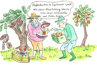 Satire zum Wochenende: Was so alles an den Bäumen hängt - Konkurrenz zum Obst: Lebkuchenschwemme im September.