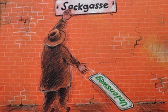 Satiricum erinnert an Ralf Alex Fichtner - Unverkennbarer politischer Bezug: 1992 entstand diese Karikatur von Ralf Alex Fichtner. Sie trägt den Titel "Sackgasse" und gehört wie einige andere Werke von RAF zum Bestand des Satiricums in Greiz.