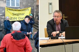 Saubere Sache für Chemnitz? Was der Betreiber des umstrittenen Heizkraftwerks verspricht - Die Demonstranten vor dem Rathaus hatten eine andere Meinung über das Kraftwerk als Thomas Krause (rechts), der vom Betreiber Host als Projektmanager beauftragt wurde.