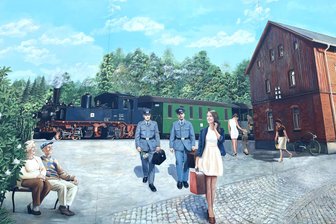 Saydas alte Schmalspurbahn - hier ist sie noch lebendig - Im Wandgemälde an der Fassade der Firma Andreas Adam ist neben dem Bahnhof auch viel Sayda-Geschichte zu entdecken.