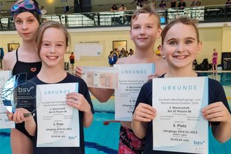 SC Plauen 06 freut sich über Titel und Medaillen - Die 4x50-Meter-Lagen-Mixed-Staffel gewann in der Besetzung Liah Sommerfeld, Finya Schuch, Viktor Reimann und Eddie Drescher die Bronzemedaille.