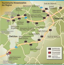 Schilder sollen Autofahrer locken - Eine Auswahl der touristischen Hinweistafeln in der Region: Bisher wirbt Limbach-Oberfrohna nicht, im Gegensatz zu Zwickau, Chemnitz und dem Daetz-Centrum. Nun will die Große Kreisstadt zwei Schilder beantragen.