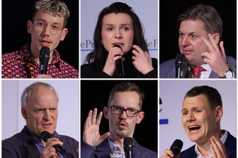 Schlagabtausch bei Wahldebatte in Limbach: Wer hat die besten Rezepte gegen die Wirtschaftsflaute? - Die Kandidaten beim Wahlforum - im Bild von oben links im Uhrzeigersinn: Frederic Beck (Linke), Sophie Pojar (CDU), Maximilian Krah (AfD), Carlos Kasper (SPD), Billy Bauer (FDP) und Bernhard Herrmann (Grüne).
