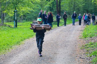 Schlau, schnell, stark: Grundschüler bei Waldjugendspielen im Erzgebirge - Auf Schnelligkeit und Stärke kam es an einer der zehn Stationen bei den Waldjugendspielen, dem Holzstapeln, an.