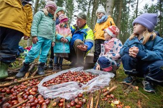 Schlaue Füchse: Jocketaer Schüler erkunden Herlasgrüner Forst - Falk Döhler (Mitte) von der Firma Mercer Holz erklärt den Kindern, wie Eichelhäher Früchte wie Kastanien im Erdreich verstecken und später wiederfinden.