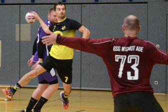 Schützenfest zum Saisonende - Der Oelsnitzer Benjamin Leucht überwindet hier beim Torefestival gegen Wismut Aue Gästetorhüter Andreas Lang. Der TSV gewann zum Saisonabschluss 38:36. 