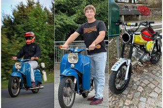 Simson-Treffen in Zwickau: Wie viel Geld für das Moped inzwischen draufgeht - Der 19-jährige Mülsener Max Hähnel fährt auf Simsons ab. Seine blaue Schwalbe hat er selbst aufgebaut. Nicht mehr für den Straßenverkehr zugelassen hingegen ist seine getunte S51 (rechts).