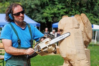 Skulpturen für den "Lila Pfad": Was im Waldschlößchenpark entsteht - Silvio Ukat aus Glauchau gehört zu den Künstlern, die noch bis zum Wochenende bei einem Holzbildhauersymposium im Buchholzer Waldschlößchenpark vor Publikum arbeiten. Er gestaltet einen Raben, einen Geier und einen Papageientaucher.