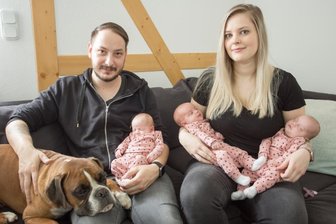 So geht es den im Februar in Chemnitz geborenen Drillingen - Trügerische Ruhe: Für das Familienbild von Luisa Stüdemann und Thomas Olbrich mit ihren Drillingen Ella, Lotta und Hanna sowie dem Familienhund Apollo, eins ohne Tränen, benötigte der Fotograf viel Geduld. Das Trio stellt in Markersbach gerade das Leben ihrer Eltern auf den Kopf.
