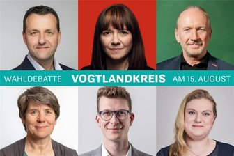 So lief die Wahldebatte in Plauen: Migrationsstreit, Ärztenot und die Liebe zum Diesel - Diese sechs Kandidatinnen und Kandidaten wollen bei der Wahldebatte der „Freien Presse" über Sachsens drängendste Probleme diskutieren: Jörg Schmidt (CDU), Juliane Pfeil (SPD), Olaf Horlbeck (Grüne), Petra Rank (Linke), Lino Markfort (FDP), Janina Pfau (BSW, von links oben).