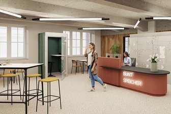 So sieht's künftig im neuen Zwönitzer Speicher aus - Im neuen Eingangsbereich im Untergeschoss des Speichers wird es einen Empfang geben. Auch sind eine Ausstellungsfläche und Pop-up-Stores geplant.