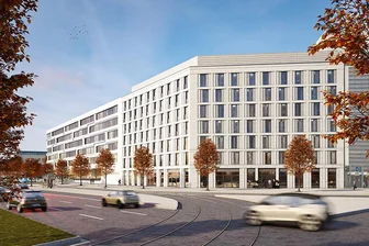 So soll das neue Hotel am Archäologiemuseum aussehen - Ansicht des geplanten Hotels am Stefan-Heym-Platz, das zwischen dem Archäologiemuseum und dem Eins-Firmensitz gebaut wird.