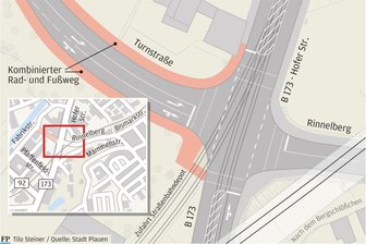 So soll die neue Kreuzung am Stadtbad in Plauen aussehen - Zwei Fahrspuren und ein kombinierter Geh- und Radweg: So wird die Anbindung der Turnstraße an die Hofer Straße erfolgen. Die gesamte Kreuzung soll über eine Ampelanlage gesteuert werden.