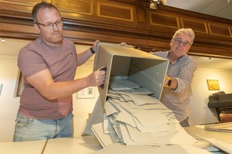 So wählt das Göltzschtal: CDU bleibt stärkste Kraft im Stadtrat Auerbach - Jetzt wird es spannend: Die Wahlhelfer Kevin Hampf und Hagen Hartwig öffnen Punkt 18 Uhr im Wahllokal Nicolaikirche die Urne.