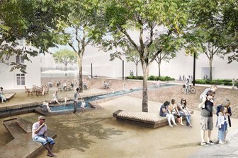 Spatenstich und Spaziergang: Flöha startet Bau des neuen Marktplatzes - Eine grafische Animation des Ruhebereiches mit Wasserspiel auf dem künftigen Flöhaer Marktplatzes.