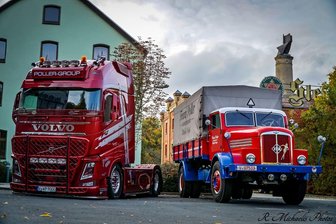 Spedition feiert 100-jähriges Bestehen mit Truckerfest in Plauen - Am Wochenende feiert die Poller-Spedition ihr 100-jähriges Bestehen - hier eine Zugmaschine aus dem aktuellen Fuhrpark und ein Oldtimer H6 aus dem Jahr 1956.