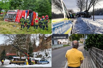 Spektakuläre Blaulicht-Einsätze im Erzgebirge 2023: Große Unglücke, gefährliche Manöver und falsche Verdächtige - Ein Feuerwehr-Unfall, ein Bus-Unglück, eine Polizeipanne und mehrere Razzien (von oben l. im Uhrzeigersinn): Im Erzgebirge hat es dieses Jahr mehrere ungewöhnliche Blaulicht-Einsätze gegeben.
