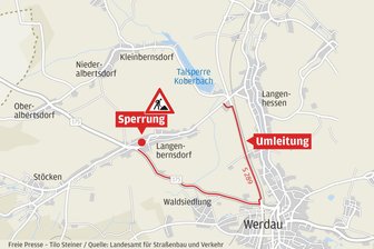 Sperrung auf Staatsstraße in Langenbernsdorf führt zu langen Umleitungen - Bauarbeiten auf der Hauptstraße in Langenbernsdorf führen ab Montag zu Umleitungen.