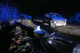 Spezialfirma soll B 180 beräumen - Die B 180 zwischen Flöha und Erdmannsdorf ist seit Donnerstag aufgrund von Sturmschäden gesperrt. Am Donnerstagnachmittag fuhr ein Auto (im Bild) auf einem anderen Abschnitt auf der B 180 in einen umgestürzten Baum.