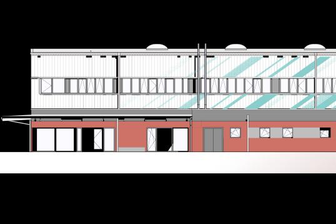 Sporthalle in Niederwiesa: Neuer Entwurf, Finanzierung weiter unsicher - Die geplante Zweifeldhalle, von Osten gesehen. Die Zahl der Fenster wurde reduziert. 