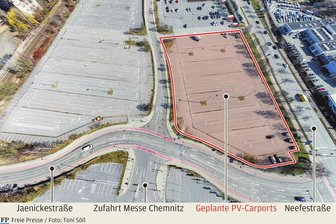 Stadt Chemnitz plant große PV-Anlage auf Messeparkplatz - Auf dem Parkplatz (hier Blick von der Messe) könnte bald eine große Photovoltaikanlage entstehen.