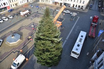 Stadt droht mit Abschleppen: Wo in Oelsnitz Halteverbot wegen Weihnachtsbaum-Transport ist - Blick vom Rathaus auf den Oelsnitzer Weihnachtsbaum 2022. Am Mittwoch rollt sein „Nachfolger“ an.