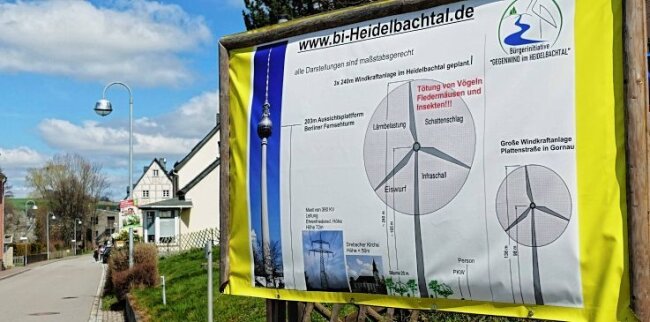 Stadt sagt deutlich Nein zu Windkraft im Heidelbachtal - Die Bürgerinitiative "Gegenwind im Heidelbachtal" aus Drebach wehrt sich unter anderem mit Plakaten wie diesem gegen die geplanten Windkraftanlagen im Heidelbachtal. Jetzt hat sich auch die Nachbarstadt Ehrenfriedersdorf klar gegen das Vorhaben positioniert. 