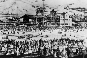 Stadt verdankt ihm Bahnhof und Ottensteinpark - Einweihung des Bahnhofs in Schwarzenberg, damals Endpunkt der Strecke ab Zwickau, auf einer zeitgenössischen Darstellung.