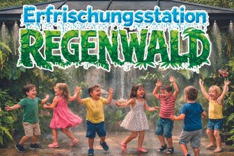 Stadtfest Frankenberg mit Mini-Regenwald und Kultauto - Wie auf diesem KI-generierten Bild zu sehen, können sich Kids beim Stadtfest abkühlen.
