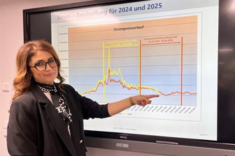 Stadtwerke Reichenbach senken Strom- und Gaspreise 2025 deutlich - Prokuristin Stephanie Hohmuth zeigt auf die Grafik, die die gesunkenen Preise in der Strombeschaffung für das Jahr 2025 verdeutlicht.