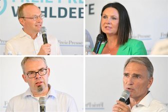 Stehen wirklich 60 Windräder rund um Burg Frauenstein? Die „Freie Presse“-Wahldebatte im Faktencheck - Wolfram Günther (Grüne), Susan Leithoff (CDU), Marko Winter (AfD) und Reiner Hentschel (Freie Wähler) bei der Wahldebatte. (von links oben nach rechts unten).