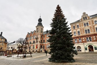 Stollberg: Panne beim Transport des Weihnachtsbaumes - Der Weihnachtsbaum steht in Stollberg.