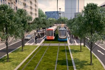Straßenbahn-Ring in Chemnitz: So könnte die Innenstadt aussehen - Die Theaterstraße nach Fertigstellung des neuen Straßenbahn-Rings. In beide Richtungen wird es künftig nur eine Fahrspur für Autos geben. Diese und weitere Perspektiven zum Chemnitz von morgen finden sind in einer Video-Visualisierung unter www.freiepresse.de/zentrumsring. 