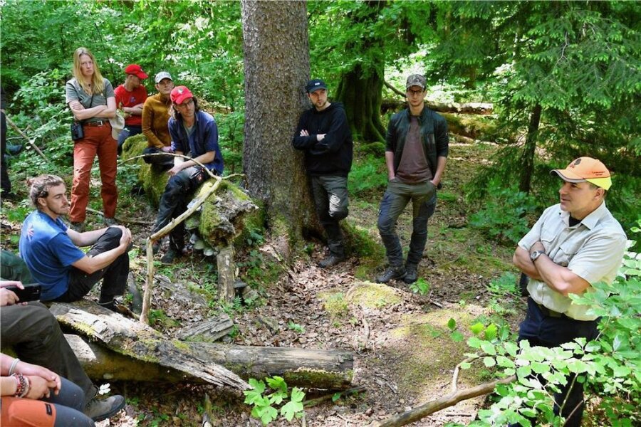 Studenten auf Exkursion im Eibenstocker Revier - Andreas Pommer erklärt im Naturschutzgebiet Riedert bei Eibenstock, wie sich ein Wald allein regeneriert. 