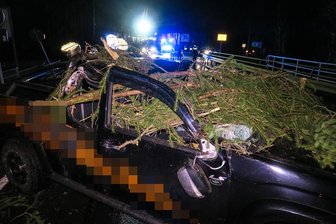 Sturmtief führt zu Behinderungen - Vogtlandbahn stellt Betrieb ein - Auf der B169 zwischen Aue und Lößnitz wurde am Sonntagabend ein Geländewagen von einem Baum getroffen.