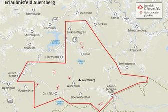 Suche nach Zinnerz im Gebiet um Auersberg - Auf der Karte ist der Bereich vermerkt, den das Erlaubnisfeld Auersberg abdeckt.