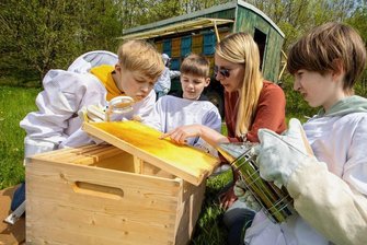 Süßes aus Reißig: Wann ist der neue Plauener Falknerei-Honig fertig? - Montessori-Oberschullehrerin Yvonne Scharnagl (zweite von rechts) bietet zusammen mit der Falknerei Herrmann ein neues Ganztagsangebot an. Die Schüler erhalten Einblick in die komplexen Strukturen der Bienen. Von links sind auf unserem Bild zu sehen: Eddy, Lukas und Felix.