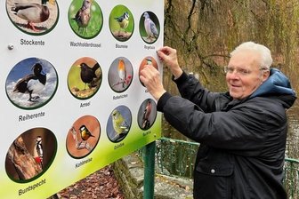 Tafeln im Stadtpark aufgestellt - Wolfgang Richter beim Anbringen der neuen Tafel zu heimischen Vögeln im Stadtpark.