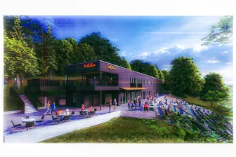 Talsperre Kriebstein: Frühlingswetter leitet Erneuerung der Seebühne ein - So soll der neue Gebäudekomplex der Seebühne mit Toiletten, Umkleiden und Imbiss an der Talsperre Kriebstein aussehen.