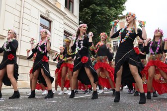 Tanzboden in Meerane feiert Jubiläum: Warum auf der Bühne auch (manchmal) Schmerzen lauern und Missgeschicke drohen - Sie gehören zu den Stammgästen beim Straßenfasching in Meerane: Die Tanzboden-Mädels. Das Foto entstand zur Sommer-Edition 2022.