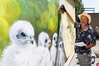 Tasso sprüht nach einem Workshop auch noch Falken in der Kita "Falkenhorst" - Tasso aus Meerane sorgte für Falken an einer Fassade im "Falkenhorst".