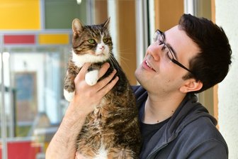 "Mickey" ist verschmust und lieb, leidet allerdings an einem chronischen Katzenschnupfen. Künftige Besitzer müssen also mit wiederkehrenden Tierarztkosten rechnen. Im Bild Domenic Stahr mit Mickey, einen 8 bis 10 Jahre alten Kater. Domenic leistet im Tierheim bis August 2020 ein Freiwilliges Soziales Jahr.
