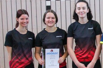Tischtennis-Spielgemeinschaft im Vogtland löst sich auf: Zukunft der Frauenteams in Gefahr? - Die Heinsdorferinnen strahlen hier beim Vogtland Pokal: Von links Lea Riedel, Anne Gruschwitz und Linda Hölzel. Zum Team gehören noch Sandra Licht-Großpietzsch, Lara Strandt und Mannschaftsleiterin Janina Müller.