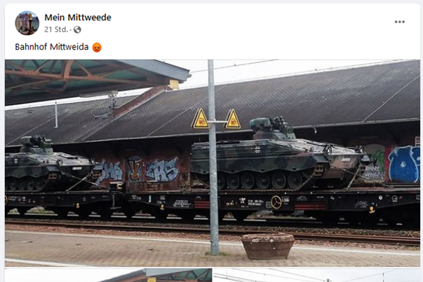 Transport am Bahnhof Mittweida erregt Aufsehen: Das sind die Schützenpanzer Marder - Dutzende Reaktionen hat dieser Facebook-Post einer Mittweidaer Gruppe hervorgerufen. 