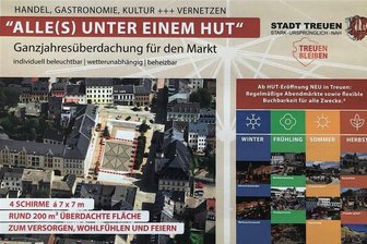 Treuen setzt Markt-Beschattung per Sonnenschirm um - Das Plakat fasst die Idee für Treuens Markt zusammen.