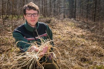 Trockenheit wird zum Problem - Förster Alexander Wagner zeigt im Olbernhauer Revier trockene Gräser. Sie sind angesichts der derzeitigen Trockenheit ähnlich wie abgestorbene Äste oder Laub besonders leicht entflammbar. 