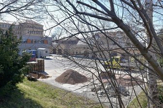 Trockensenke am Freiberger Landratsamt: "Laichgewässer" wirbelt Staub auf - Wo früher ein Teichmolch-Biotop war, ist heute ein Baustoff-Lagerplatz.
