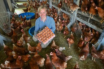 Trotz internationalem Mangel: Warum in Chemnitz die Ostereier nicht ausgehen - Landwirtin Anna-Lena Große in einem der mobilen Ställe. Insgesamt hat sie 1700 Legehennen im Bestand. Am 21. Juni lädt sie zum großen Hoffest ein.