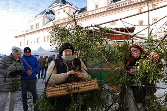Trotz Wintereinbruch: Gute Stimmung auf dem Augustusburger Kunsthandwerkermarkt - Gekleidet in historischen Kostümen, verkauften Jana Mehlhase (vorn links) und Alexandra May auf dem Augustusburger Kunsthandwerkermarkt Mistelzweige.
